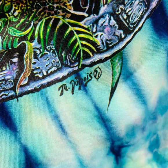 Vtg Delta 1991 Mike Dubois Single Stitch TyeDye Mayan Pyramid Rainforest Shirt L - Picture 4 of 11